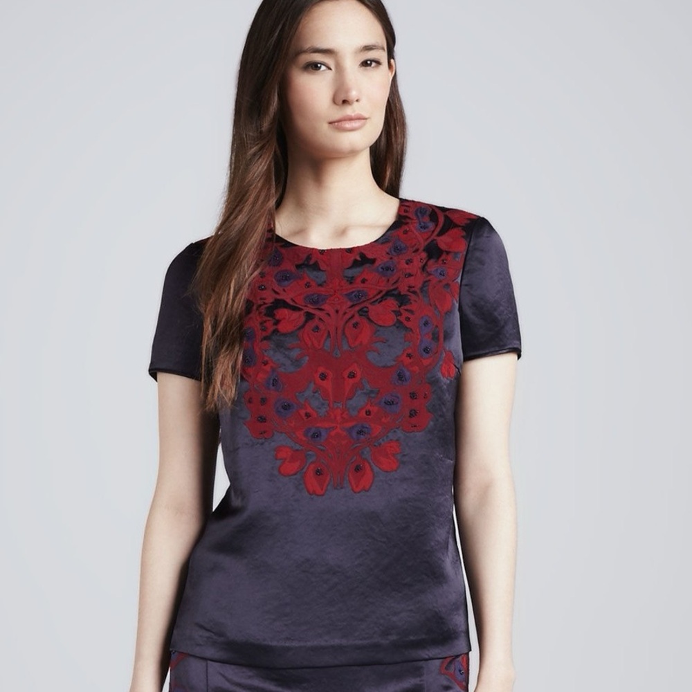 Tory Burch Tia Embroidered Satin Top in Navy Blue with Red/Purple Embroidery, 10